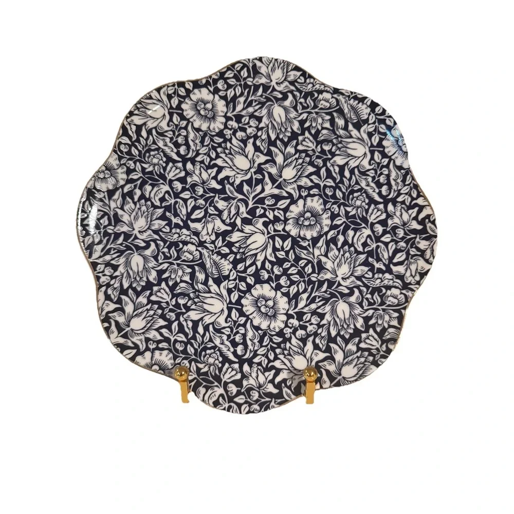 Morris & Co Navy Blue White Floral Chintz Scalloped Porcelain Plates Set of 4